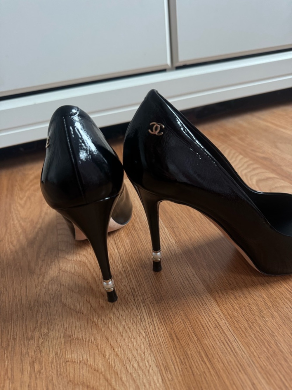 CHANEL Black Patent Leather Peep-Toe Heels - Picture 3 of 7